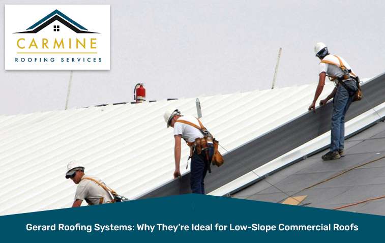 Workers installing Gerard roofing system on a commercial low-slope roof